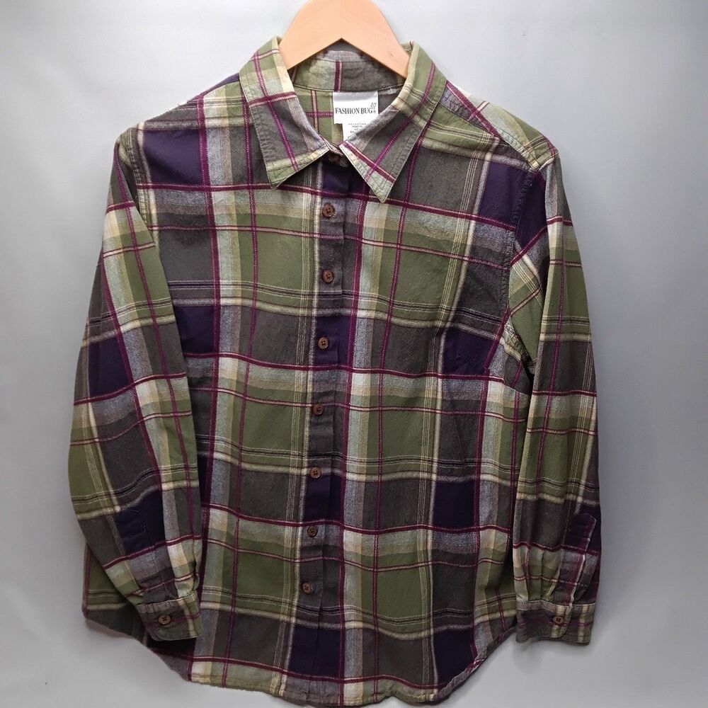 Fashion Bug Womens Plus 18/20 Green Purple 100% Cotton Madras Plaid Button Down